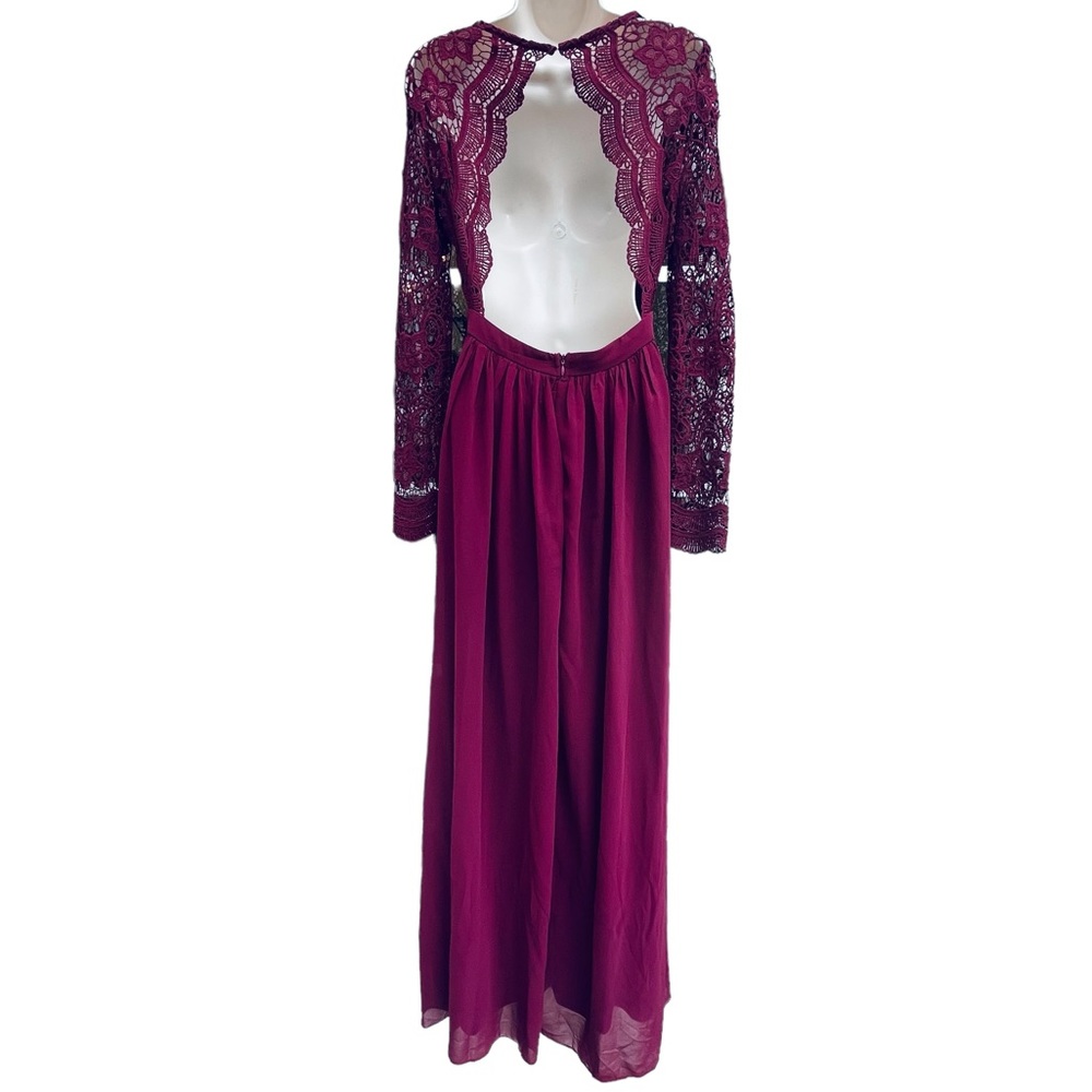 Lulus Burgundy Awaken My Love Long Sleeve Lace Maxi Dress Open Back Style (8737) - Picture 4 of 15